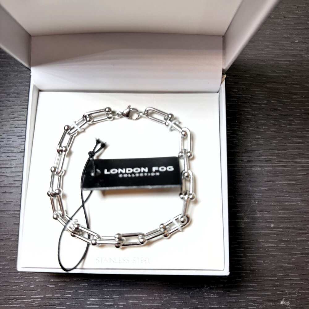 London Fog Silver Tone Stainless Steel Link Bracelet Unisex NWT Box
